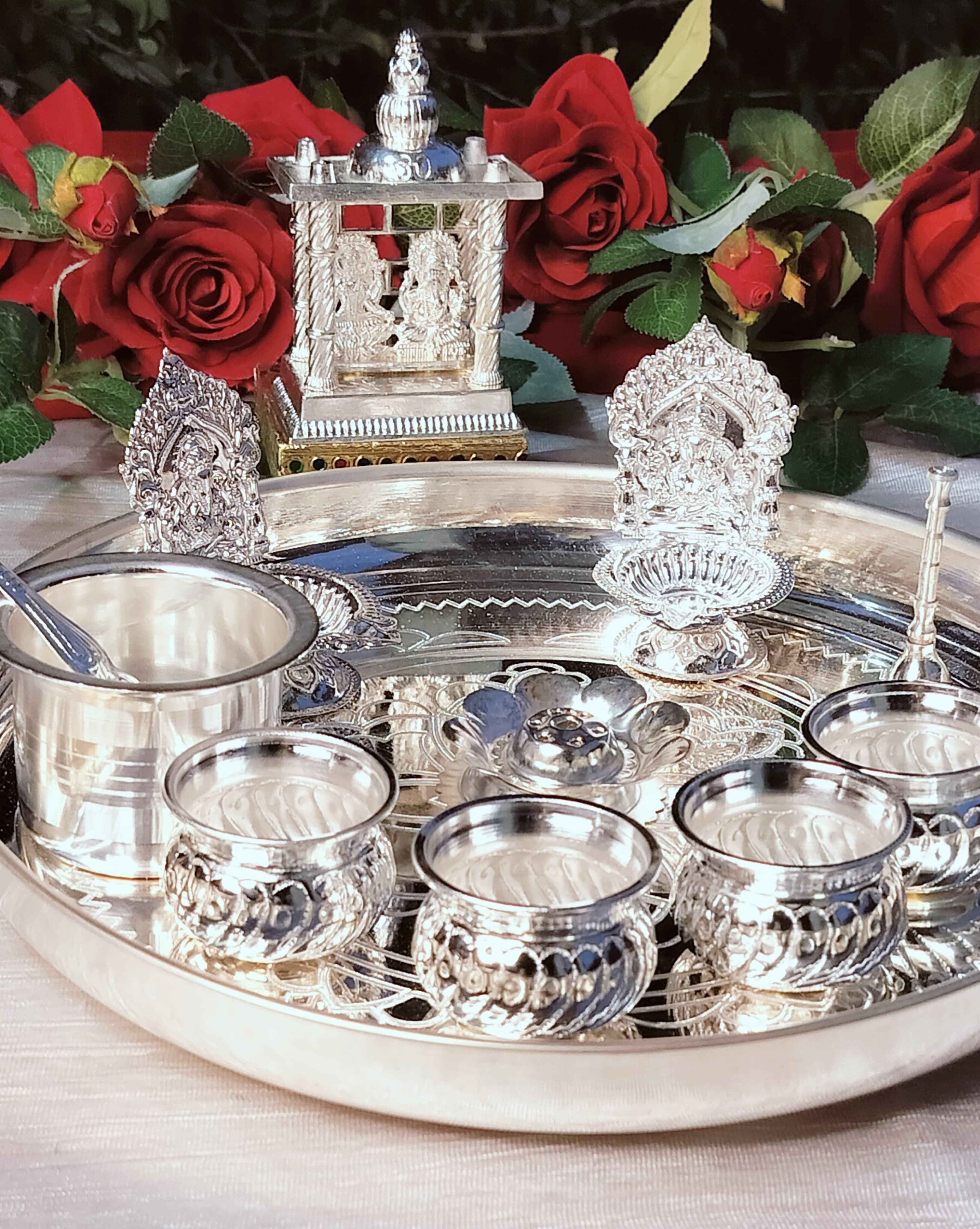 German Silver Combo Pooja thali Set with Lakshmi Ganesh Temple